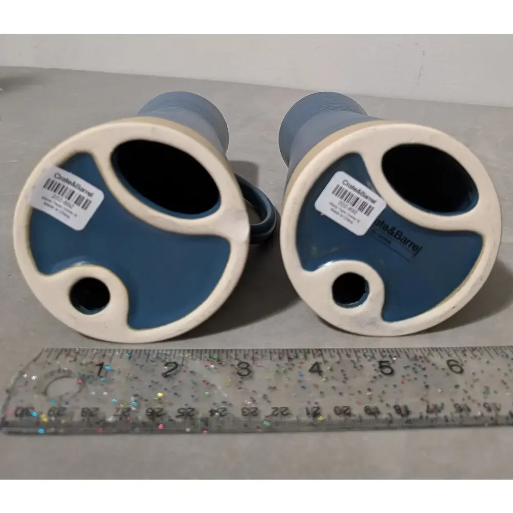 Crate & Barrel Sibely Ceramic Taper Holders Mid Century Modern Farmhouse Blue